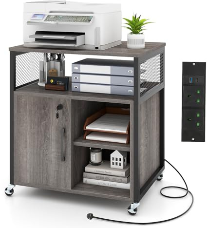 COSTWAY Mobile File Cabinet, Lateral Stationery Storage Cabinet with Charging Station and Cable Management Hole, Home Office Rolling Printer Stand Side Filing Cupboard Document Organiser Unit (Gray)
