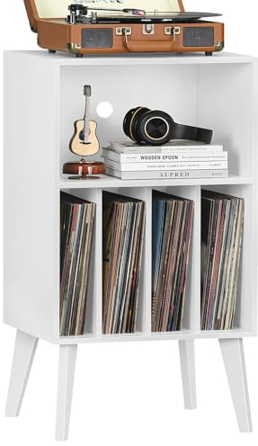 LELELINKY Soporte Giratorio para Tocadiscos y Almacenamiento de Vinilo - hasta 160 Álbumes, Mesa con Patas de Madera para Sala de Estar - Color Blanco