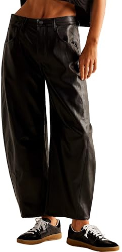LifeShe Women Faux Leather Pants Low Rise Baggy Barrel Jeans Wide Leg Trousers with Pockets Black