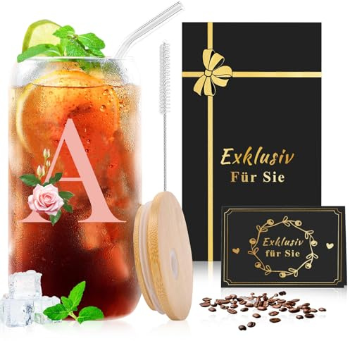 CIGAA Geschenk für Frauen - Becher mit Deckel und Strohhalm, A-Z Buchstaben Personalisiertes Trinkglas zum Geburtstag Weihnachten, Glasbecher mit Reinigungsbürste für Kaffee Bier Cocktails (500ml)