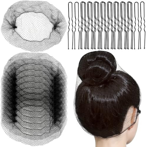 FANDAMEI Hair Net for Women Men, Extra Large 60cm Nylon Black Hair Nets for Food Service Workers, 20 Pack Hairnets for Foodservice,Dancing,Sleeping, for Ballet Buns, with 20 U-Hair Pins