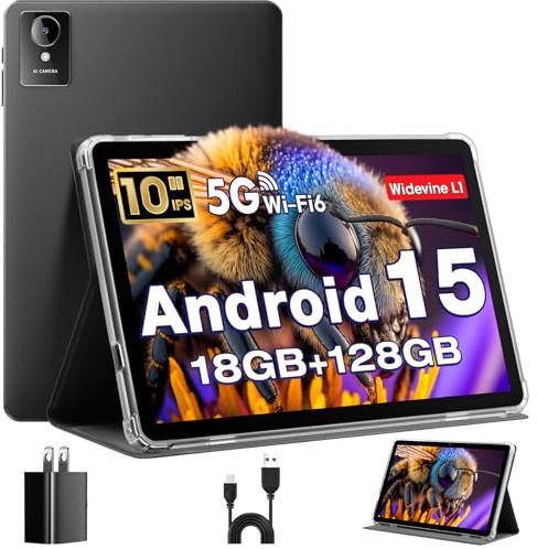 Android Tablet 10 Inch Android 15 Tablets, Octa-Core Tablet, 18GB RAM+128GB ROM+1TB Expand, 1280x800 FHD IPS Display, GPS, Widevine L1, 6000mAh, 5MP+8MP Camera, 5G+2.4G Wi-Fi, Bluetooth 5.4, Black