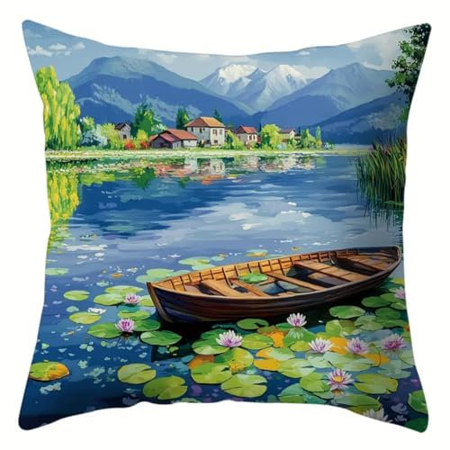 ANSIWEIGO Kit Point Noué Coussin,Canevas à Nouer 43x43 cm,Activité DIY pour Débutants, Enfants et Adultes,Décoration Maison et Cadeau Fait Main,Paysages naturels