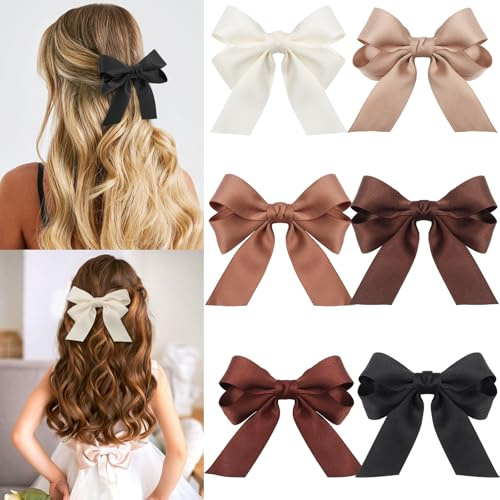 Muorruo 6 pièces Petites Barrettes Noeuds pour Cheveux, Clips en Satin Doux pour Femmes et Filles, Pinces Antidérapantes pour Cheveux Bouclés ou Lisses, Accessoires pour Fête Mariage Cadeau (Marron)