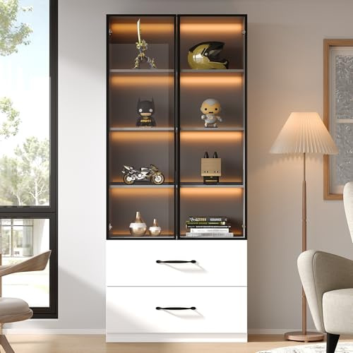A ALFRESCOOL Vitrina, vitrina de cristal, armario alto, aparador, con LED multicolor y cajones, marco de aluminio, puertas de vidrio templado, bisagras de cierre suave, 60 × 40 × 160 cm (blanco)