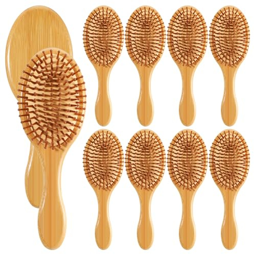 Wanmu 10 Pcs Bamboo Hair Brush, Bulk Natural Wooden Paddle Brush Round-tipped Bamboo Bristles Lightweight Massage Scalp Hair Combs for Women Men and Children, Stimulates Scalp for Hairs Growth (Small)