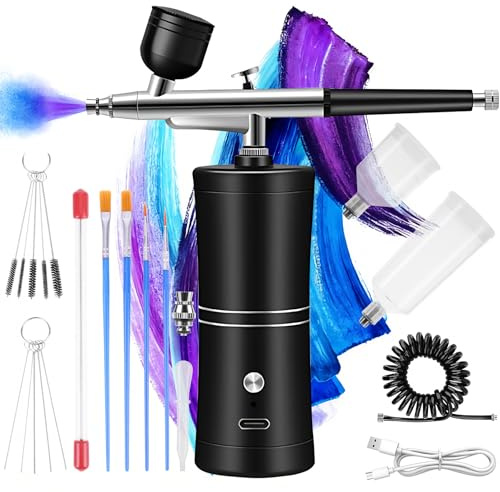 Airbrush Kit with Compressor Rechargeable Portable Air Brush Paint Kit High-Pressure Nail Airbrush with Nozzle and Cleaning Brush Set for Nail Art, Makeup, Painting, Cake Decor(Black)