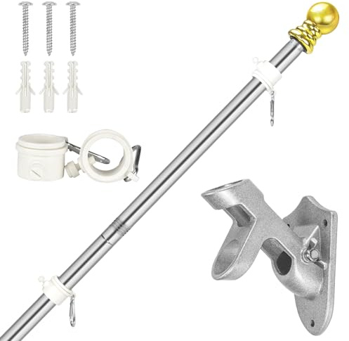 Halorin Asta per bandiera, stabile, 1,5 m (5 FT), asta per bandiera in acciaio inox e alluminio con supporto per bandiera, set da parete per casa, giardino, balcone (argento)