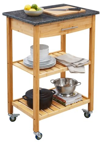 Relaxdays Kitchen Trolley, Granite Top, Drawer, 2-tier, Natural/Anthracite | HxWxD: 85 x 58 x 40 cm Bamboo, serving trolley