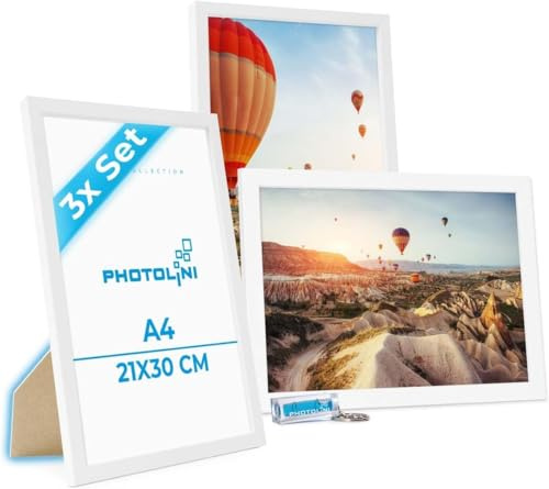 PHOTOLINI Bilderrahmen A4 Weiss Holz MDF, 3er Set DIN A4 Bilderrahmen 21x30 weiß, Rahmen 21x30 mit Acrylglas, picture frame zum Aufhängen & Aufstellen, Rahmen 30x21 mit Zubehör für Fotos & Poster