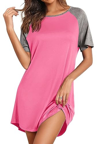 Ekouaer Womens, Nightgown Nightshirt, Cotton Sleep Shirt, O Neck, Short Sleeve, Loose Comfy Pajama Sleepwear, Pink, X-Large