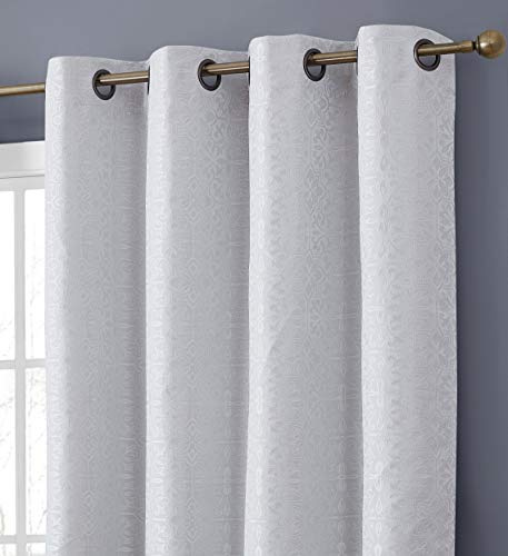 HLC.ME Mia Moroccan Tile 100% Complete Blackout Thermal Insulated Energy Savings Heat/Cold Blocking Floor Length Grommet Curtain Drapery Panels for Bedroom & Living Room, 2 Panels (52 W x 84 L, White)