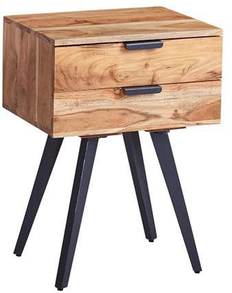 FineBuy Nachtkästchen Akazie Massivholz – Nachttisch mit 2 Schubladen & schwarzen Metallbeinen, Nachtkommode für Boxspringbett, Industrial Design & handgefertigt - 47x35x65 cm