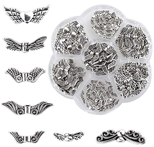 Aweisile Engelflügel 140 stücke Perlen Engel Engelsflügel Silber Engelsflügel Perlen Tibetischen Stil Spacer Perlen Perlenkappen Perle für Armband Halskette Schmuck DIY Handwerk Machen