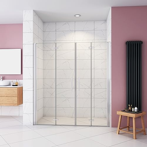Box Doccia in Linea per Nicchia 195 cm Doppia Porta Battente 4 Ante Pieghevoli Saloon Vetro Temperato 6 mm Anticalcare 140 cm (1378-1418 mm)