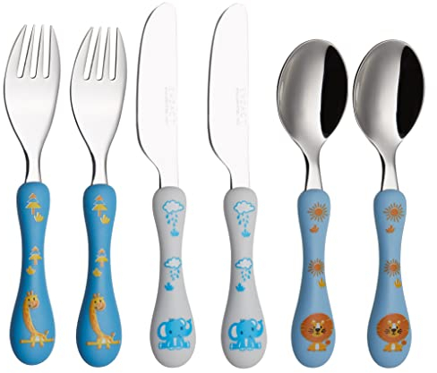 EXZACT Cubertería infantil 6 pieza para niños de Acero Inoxidable - 2 x cena cuchillo, 2 x cena tenedor, 2 x cena cuchar (Safari x 6)