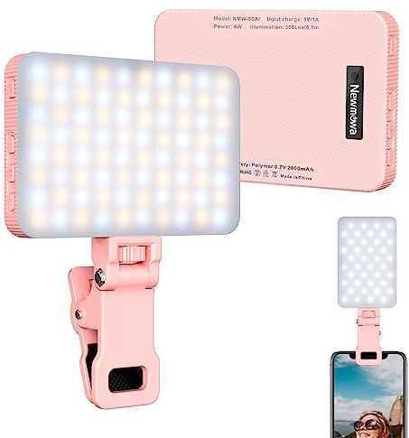 Newmowa Pink Rechargeable Selfie Light - Portable Clip-on Video Light for Phone/Laptop/Camera With Smart Sensor, 3 Modes, 2000mAh Battery for Selfie/Makeup/Video Conference/TikTok