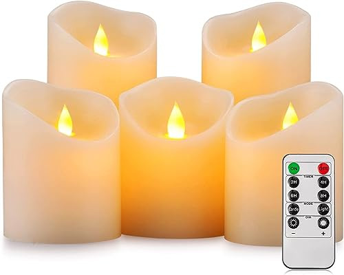 Enpornk Flameless Candles, Flickering Moving Flame LED Candles Set of 5 (Size: D: 3 x H: 4/4/4/6/6) Pillar Realistic Real Wax Battery Operated Candles with Remote Control 2 4 6 8 Hours Timer