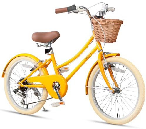 Glerc Missy 20 inch Girl Cruiser Kids Bike 6-Speed Teen Hybrid City Bicycle for Youth Ages 6 7 8 9 10 11 12 Years Old with Wicker Basket & Lightweight, Yellow