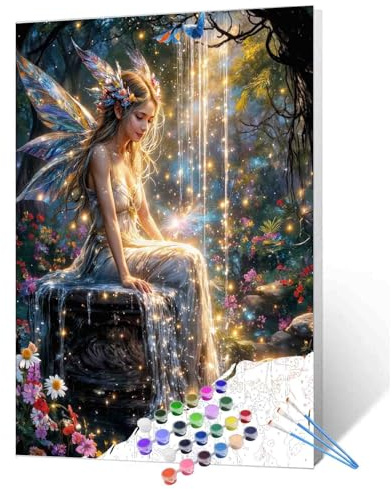 Tucocoo Angels in Forest Garden Paint by Number for Adults, Easy DIY Oil Painting Kits on Canvas with Brushes and Acrylic Pigment, Magical Glistening Fairy Picture for Home Decor 16x20inch Frameless