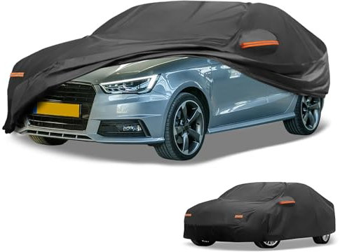 Partuto Funda de Coche Impermeable para Todo Clima Protección Solar y contra la Lluvia Exterior Completa para Audi A1 210D-PU Negro con Franjas Reflectantes