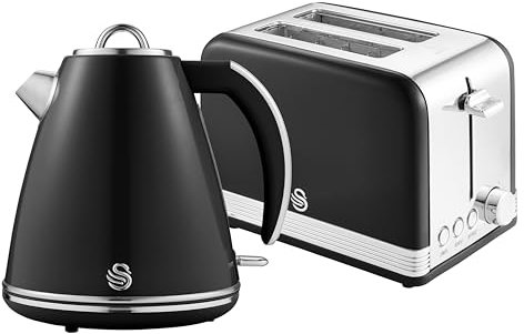 Swan EEJB293, Retro 2-Slice Toaster and Jug Kettle Set, Retro Black