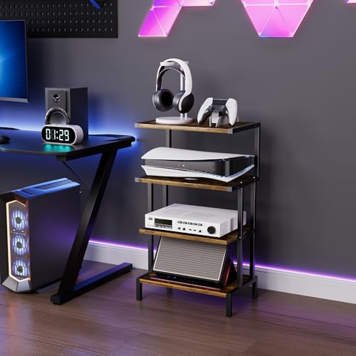 Aquzee 4-Tier HiFi Rack, Gaming Shelf Wood with Open Shelves, Multimedia TV Rack, Gaming Room Console, Small Shelf for Turntable / CD Player / Controller Holder / Router/TV Accessories