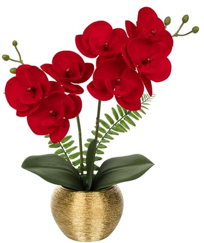 Briful Kunstblumen Orchideen Künstliche Pflanzen Phalaenopsis Kunstblumen wie Echt im Topf Deko Blumen für Wohnzimmer Badezimmer Büro Dekoration (A-Rot)