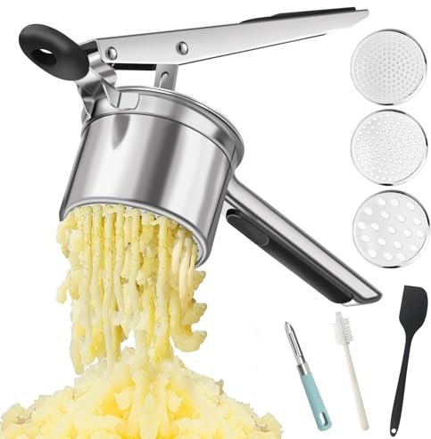 Kartoffelpresse Spätzlepresse aus Edelstahl, Profi Kartoffelstampfer mit 3 austauschbaren Lochscheiben, Ideal für cremiges Kartoffelpüree, Spätzle, Obst Babybrei, Spülmaschinenfest, Rostfrei
