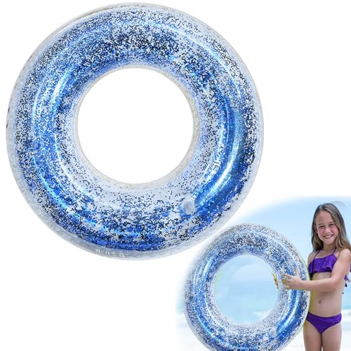 LUMOOM Anello da nuoto gonfiabile, con paillettes, anello da nuoto in PVC, trasparente, per adulti, piscina, spiaggia di sabbia (blu)