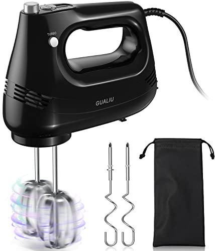 Elektrischer Handmixer 300W mit Edelstahl Schneebesen, Knethaken, Elektrische Handrührer,Turbo Boost /5 Geschwindigkeit, Handrührgerät für Backen Kuchen, Eier Sahne Lebensmittel-Mixer (Schwarz)