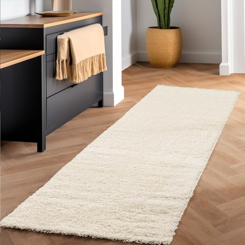 Teppich Wohnzimmer Shaggy Hochflor 80 x 250 cm Läufer Flur Creme Einfarbig Modern Design - Waschbar Flauschig und Extra Weich für Schlafzimmer Esszimmer Kinderzimmer Küche