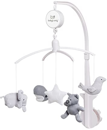 Baby's Only - Musik Mobile Baby - Mit gestrickten Figuren - Baby Spieluhr mit Musik - Einfach anzubringen - Mobile Baby mit Musik - Sanfte Farben - Für Jungen und Mädchen - Silbergrau/Grau/Weiß