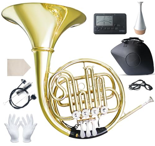 French Horn Beginner Bb- 4-Key Gold Lacquer Brass Horn with Hard Case | Includes Tuner, Mouthpiece & Cleaning Kit