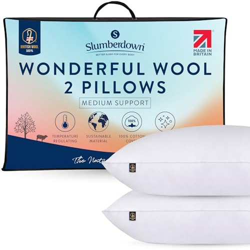 Slumberdown 100% British Wool Pillows 2 Pack - Naturally Cooling & Moisture-Wicking for Hot Sleepers, Luxury Back & Side Sleeper Bed Pillows - Hypoallergenic Cotton Cover, UK-Made (48 x 74cm)