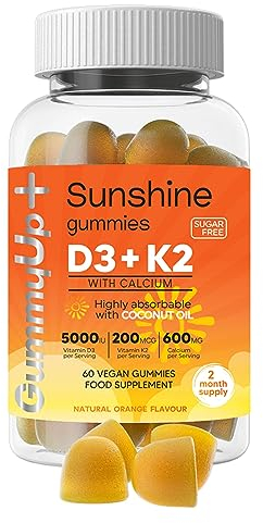 2 Months Supply Vitamin D+K2 Gummies with Calcium, High Strength Sugar Free Sunshine Gummies, Natural Orange Flavoured Vegetarian Gummies
