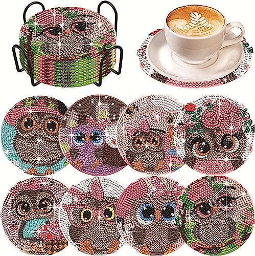 8 Stück Diamond Painting Untersetzer mit Halter, Cartoon Eule Diamond Art Untersetzer, Diamant-Malsets für Erwachsene Anfänger Kinder, Mosaik Untersetzer