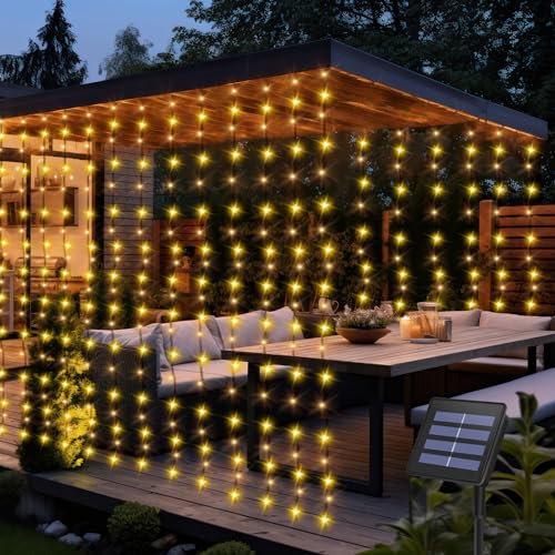CCILAND Solar Powered Curtain Lights, 2M x 2M 200 LED Curtain Lights 8 Modes Waterproof Green Wire Fairy String Lights for Patio Wedding Home Garden Window Decoration - Warm White
