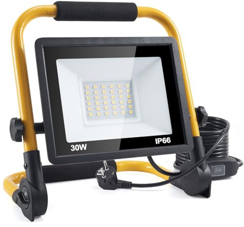 LED Baustrahler, 30W 3600LM Arbeitsleuchte, LED Arbeitsleuchte mit Stecker, IP66 Wasserdicht Baustrahler mit 4M Kabel, Tragbar für Werkstatt oder Baustelle,Garage