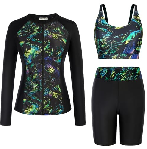 Women Stylish Flower Leaf Print Swimwear 3 Piece Rash Guard Long Sleeve Swimsuits Green XXL