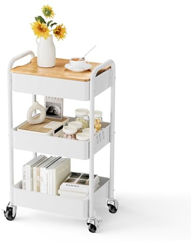 Shrivee 3 Tier Rolling Cart with Table top, Metal Rolling Utility Cart on Wheels, Sturdy Storage Organizer Cart with Hooks for Office, Classroom, Kitchen and Bathroom (White)