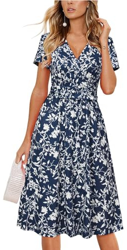 Newshows Women's Summer Short Sleeve Dresses V Neck Floral Print/Solid Faux Wrap Dress Casual Midi Sundress with Pockets