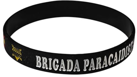 Pulsera Brigada Paracaidista de Silicona – Color Negro con Letras Blancas, Escudo de la BRIPAC y Bandera de España – Unisex, 63 mm de Diámetro Interno, 12 mm de Ancho, 21 cm contorno - 1 unidad