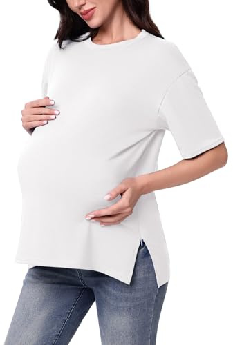 Lancry Camiseta de maternidad con abertura lateral y cremallera de manga corta, ropa de maternidad, camiseta de embarazo para mujer, blanco, XXL