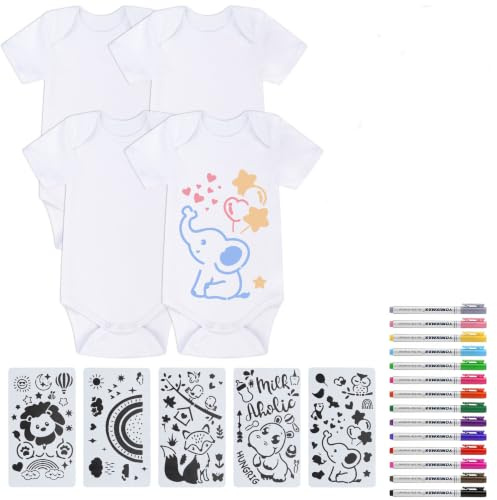 Forbabe 27 stycken målningsförkläden för baby shower, 4 målningsförkläden i bomull, 4 barnslikapsar, 14 färgade textilpennor, 5 målningsstencil för spädbarn