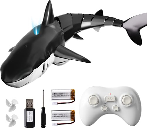 BLmukce 2.4GHz Remote Control Shark Toy for Pool, 1:18 Scale High Simulation RC Shark with Light & Spray Water, Electric Remote Controlled Swimming Toy Boat for 6 7 Year olds Kid Boys (Black)