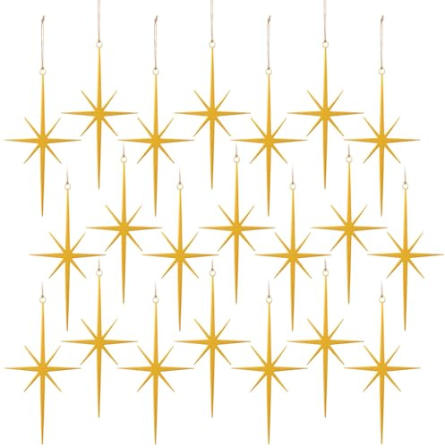MorningRo 20 Pcs Gold Glitter Star Ornament for Christmas Tree Glitter Metal Nativity Star of Bethlehem Ornaments Golden Cast Iron 3.15inch Religious Nativity Scene Hanging Gift for Party Decor