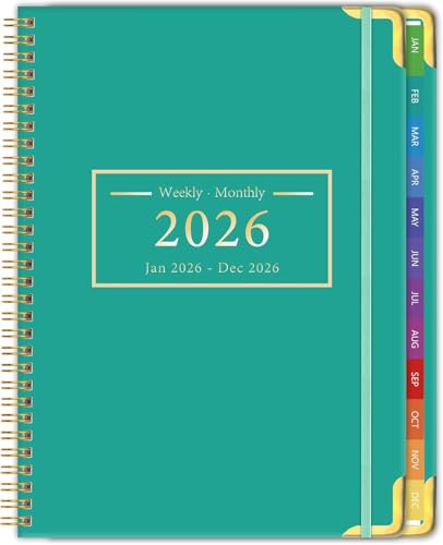 2026 Diary A5 Week to View, Spiral Bound Weekly & Monthly Planner, Jan to Dec, Colourful 12-Monthly Tabs, Hardcover, Daily Calendar 2026 Planner with Flexible Plastic Cover, Inner Pocket, Green