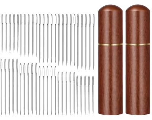 50 Pcs Large Eye Sewing Needles, 5 Sizes Embroidery Blind Needles Kit with Wooden Needle Box, Stainless Steel Yarn Knitting Needles for DIY Sewing Projects