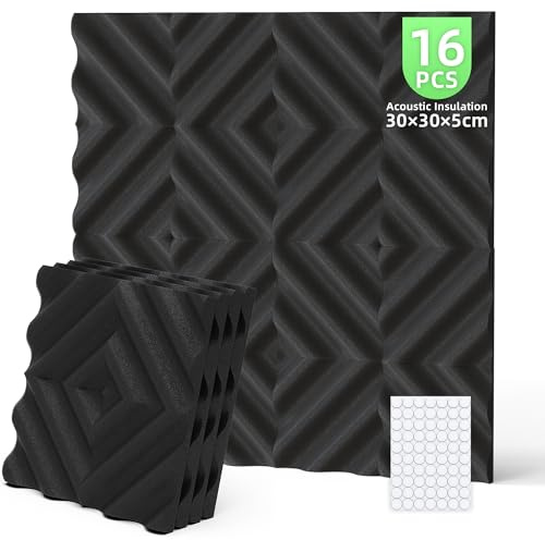 Foneso Espuma Acústica, 30x30x5 cm (Densidad: 25 kg/m³) pared Absorbente de Sonido de alta Densidad 3D, Materiales de Aislamiento Acústico para Salas (Patrón de Ola Negro, 16 Piezas)